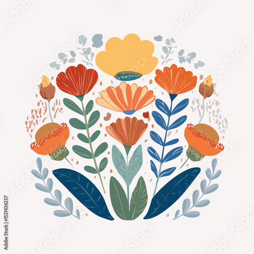 Vector in simple Matisse naive and hippie groovy style, flowers and plants, floral botanic hand drawn design templates, frames and modern art prints, posters and placards