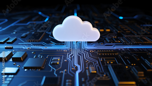 Cloud computing technology concept with circuit board and cloud illustration