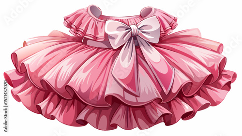 A close-up of a soft pink tulle dress with puff sleeves, satin bow, and layered skirt, displayed on a white background, ideal for a dreamy little girl vector illustration.