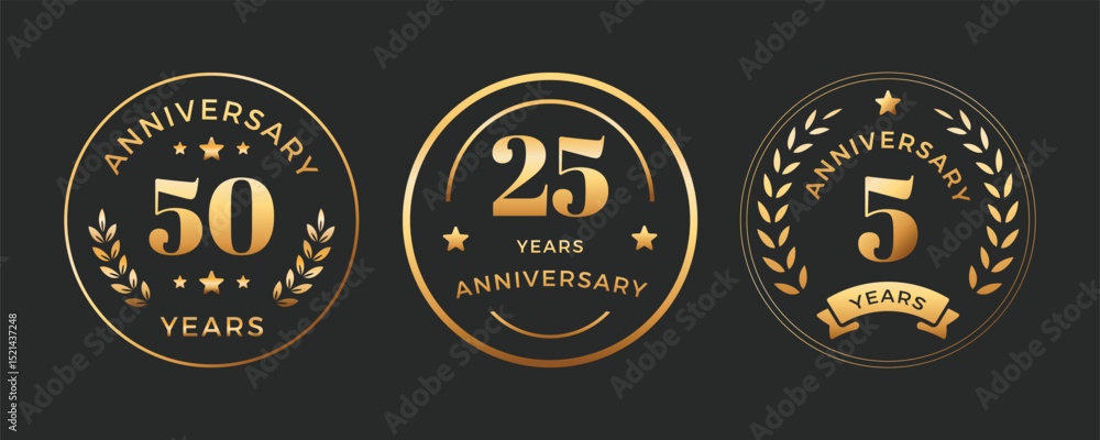 Naklejka premium Anniversary golden badges template design. Laurel wreath logo celebration 50th, 25th, 5th years.