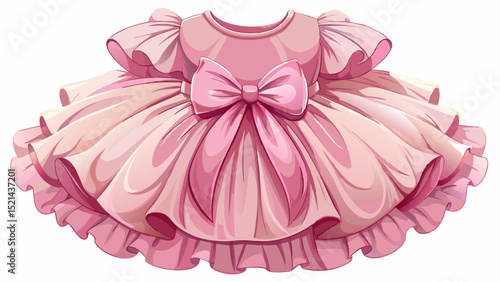 A close-up of a soft pink tulle dress with puff sleeves, satin bow, and layered skirt, displayed on a white background, ideal for a dreamy little girl vector illustration.