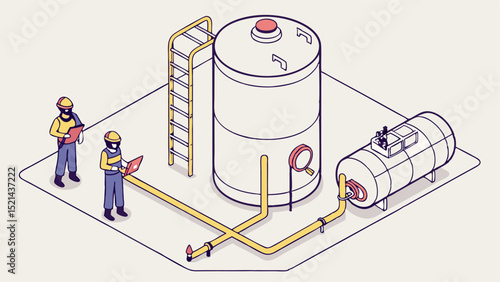 Isometric illustration of industrial workers inspecting tanks and pipelines with ladders and equipment
