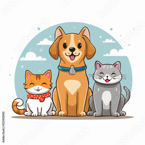 Funny pets, dogs and cats, vector illustration in trendy flat simple linear style, funny mascot and cartoon character, friendly sticker and badge for advertising, social media