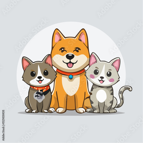 Funny pets, dogs and cats, vector illustration in trendy flat simple linear style, funny mascot and cartoon character, friendly sticker and badge for advertising, social media