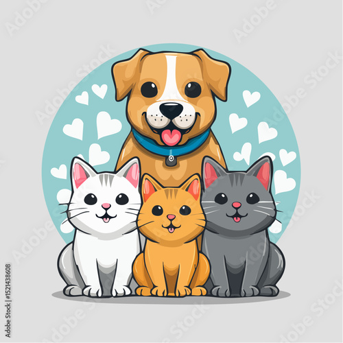 Funny pets, dogs and cats, vector illustration in trendy flat simple linear style, funny mascot and cartoon character, friendly sticker and badge for advertising, social media