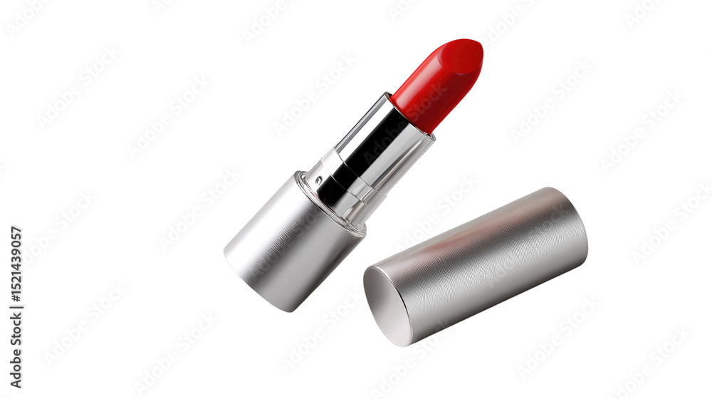 Ruby Kiss: An enticing close-up showcases a striking red lipstick, offering a glamorous view of the make-up with its sleek silver casing. Ruby Kiss: An enticing close-up showcases a striking red lipstick, offering a glamorous view of the make-up with its sleek silver casing.