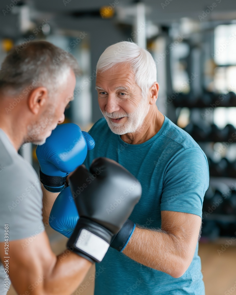 Elderly caucasian men boxing in gym, strength and fitness training Elderly caucasian men boxing in gym, strength and fitness training
