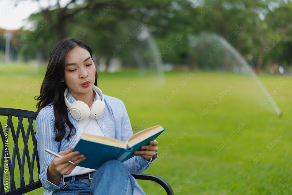 Obraz premium Asian student reading a book while sitting on a park bench, holding a pen and enjoying the peaceful atmosphere as automatic sprinklers water the lush green grass nearby