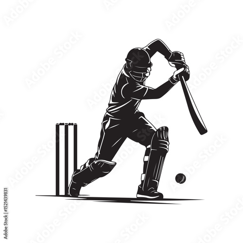 This image shows a silhouette of a cricket batsman in the middle of a powerful shot, depicting sportsmanship, accuracy, and focus, stylized in an elegant. Vector black silhouette.
