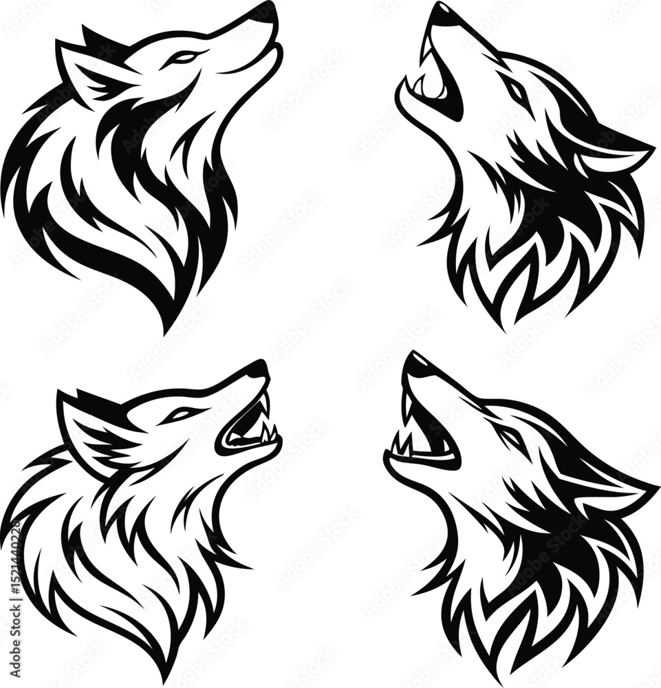Obraz premium Four stylized wolf heads howling and calm black and white vector illustration