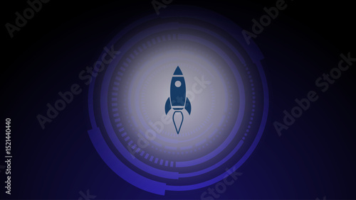 Minimalist rocket icon glowing in blue cosmic space with circular gradient
