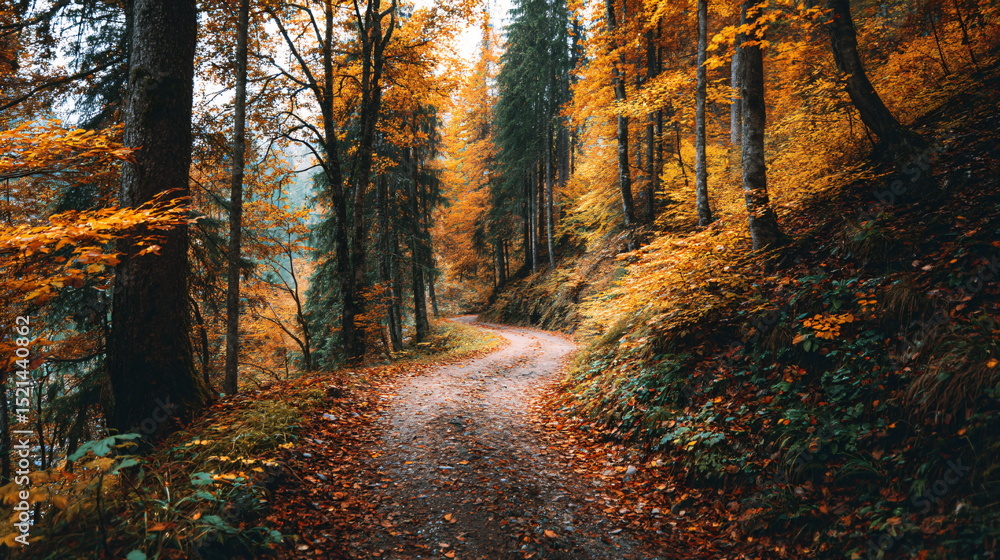 Obraz premium autumn forest path with golden leaves, cinematic look, peaceful nature
