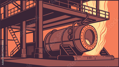 Illustration of a large industrial furnace with visible flames and a metal support structure around it