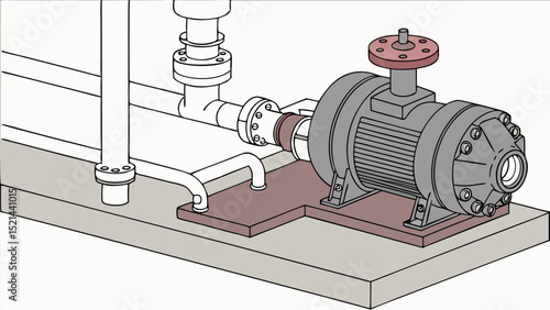 Illustration of an industrial pump with pipes and flanges mounted on a concrete base and support structure
