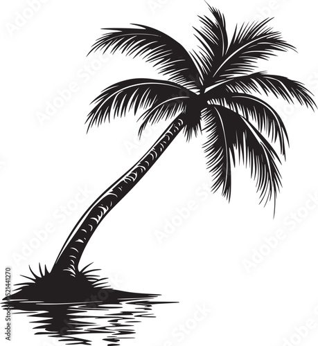 Tropical Palm Tree Arched Over Water A curved trunk extending across a serene lake, with lush fronds draping above. Full-length silhouette black vector design.