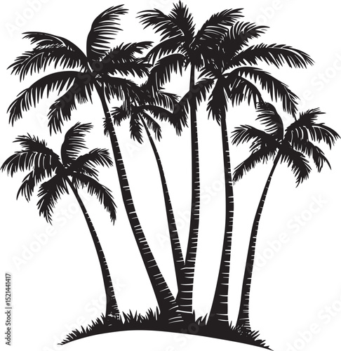 Palm Tree Clustered Multiple palm trees grouped together with their trunks at different angles, all topped with fronds. full length silhouette black vector illustration