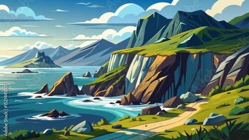 Rocky coastal landscape with steep cliffs, northern sea, and Scandinavian mountains. Vector illustration of wild nature and ocean view