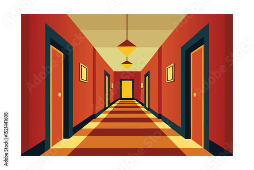 red corridor with columns