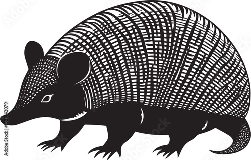 Armadillo Rolling Body tightly curled into a ball with legs tucked in and tail curled for protection. full length silhouette black vector illustration