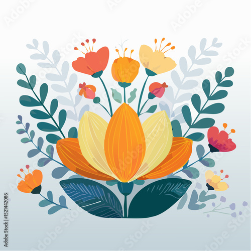 Vector illustration in simple linocut or cut our hand draw naive wavy groovy style, flowers and plants, floral botanic design templates, modern art prints, posters and ...