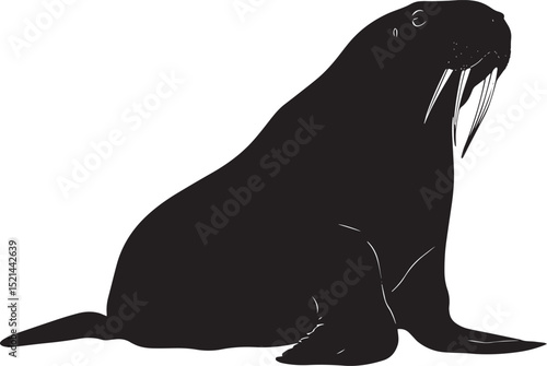 Walrus Moving Along Body close to the ground with flippers advancing in a slow, purposeful manner. Full-length silhouette black vector design.