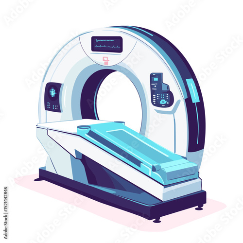Pixelated White CT Scanner with Light Blue Patient Bed Isolated on White Background Medical Equipment Illustration