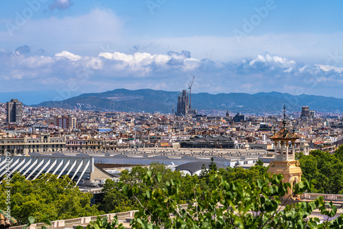 Photography Aerial panorama view of Barcelona cityscape with Sagrada Familia temple from vie