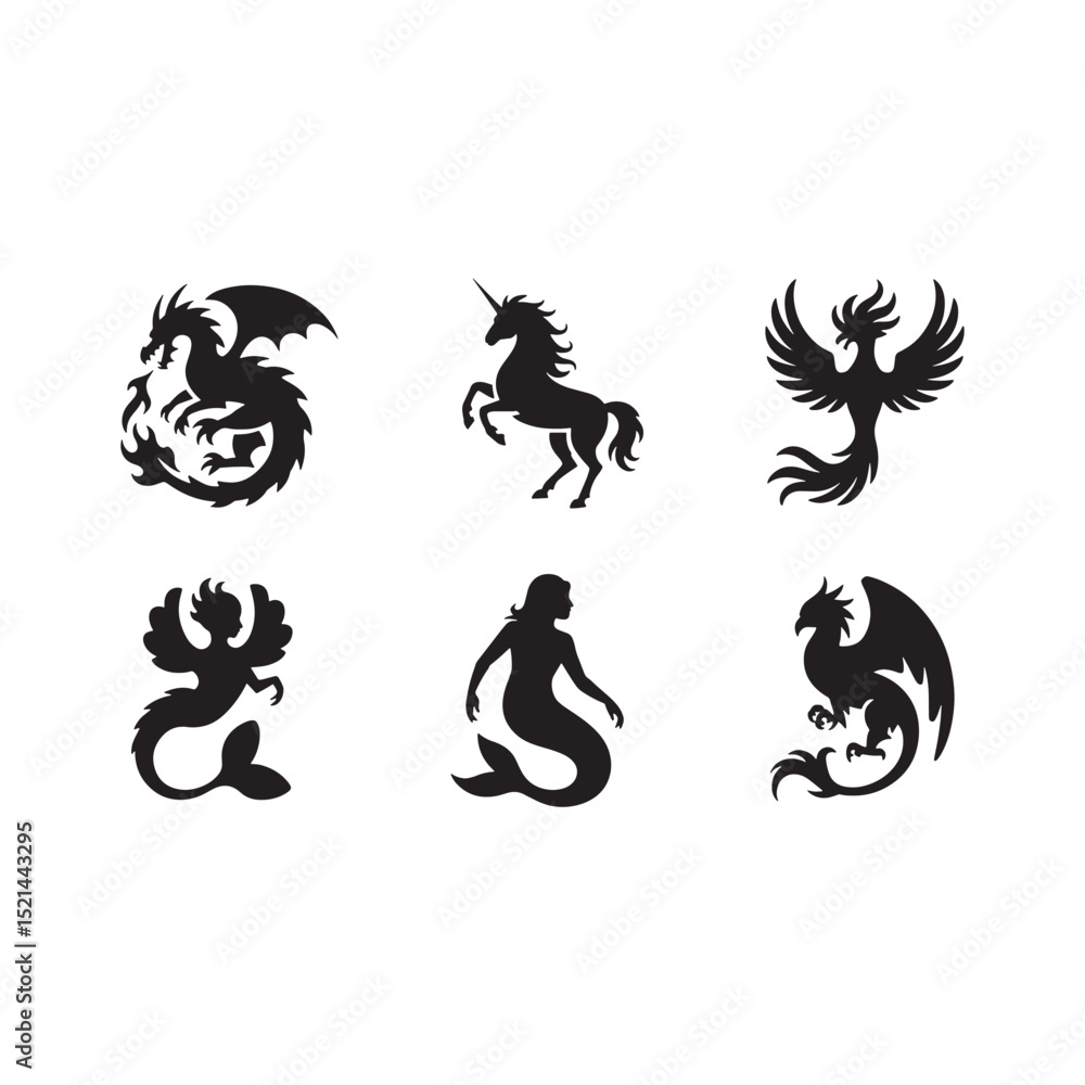 Fototapeta premium Black Silhouette of Fantasy Creatures Dragon Phoenix Gryphon Mix