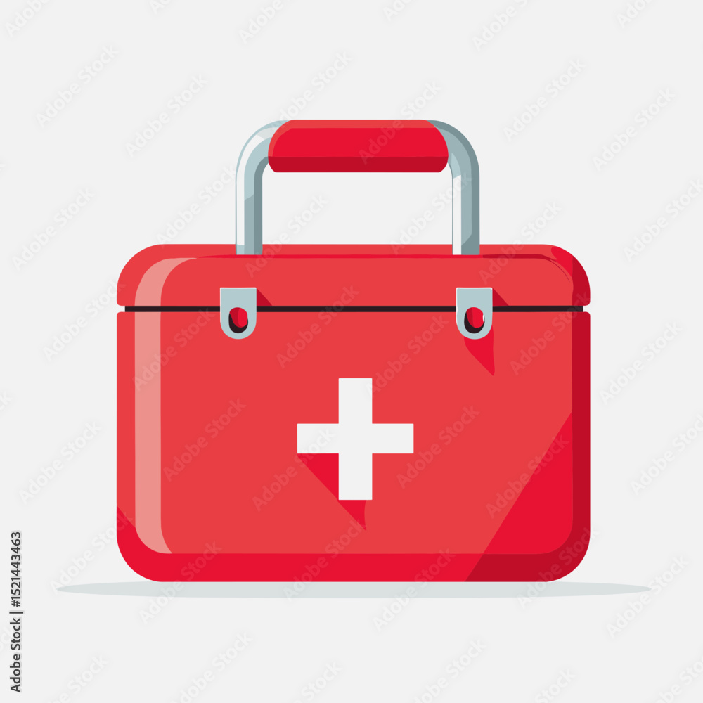 Fototapeta premium Red First Aid Kit Box with White Cross Symbol for Emergency Medical Assistance on Isolated White Background