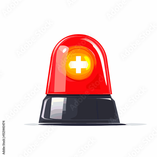 Red Emergency Medical Alert Siren with White Cross on a White Background Isolated