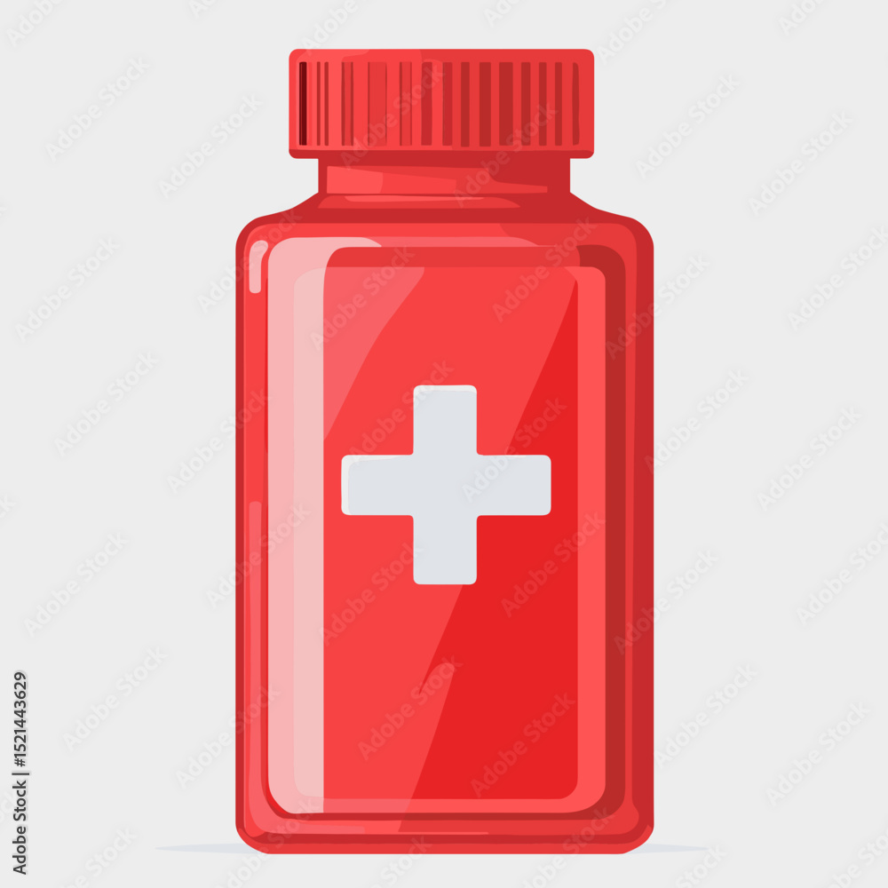 Red Medicine Bottle with White Cross Symbol for Health Care and Pharmaceutical Needs on a Light Gray Background Red Medicine Bottle with White Cross Symbol for Health Care and Pharmaceutical Needs on a Light Gray Background