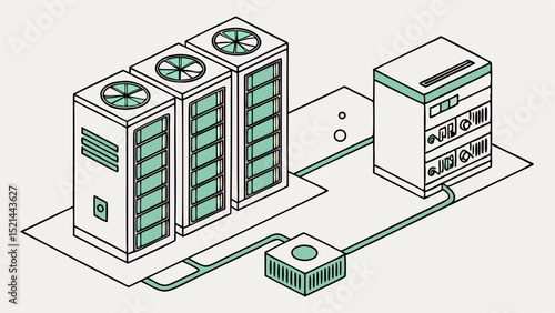 Isometric view of three air conditioning units connected to a control panel and a junction box on a floor