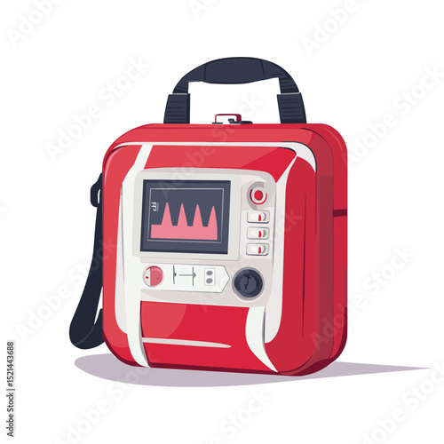 Red Portable Defibrillator with Heart Rate Display for Medical Emergency in White Background