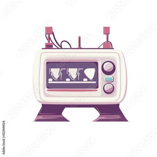 Retro White and Purple Pixelated Electronic Appliance with Square Design and Tabletop Stand