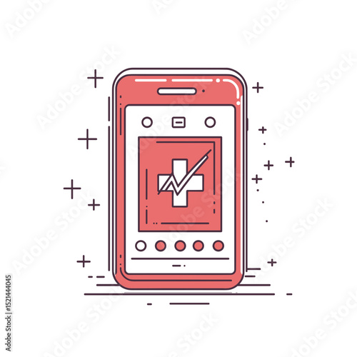 Salmon Color Smartphone Displaying a Medical Cross and Checkmark Graphic for Health Application with White Background