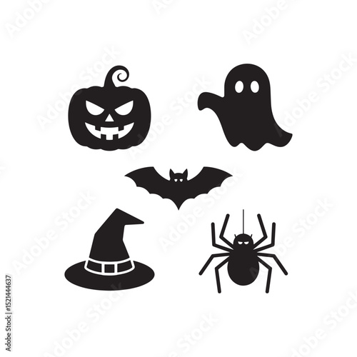 This vector illustration set features fun, scary cartoon Halloween pumpkins, ghosts, bats, and other spooky icons