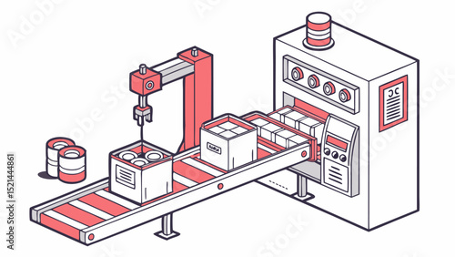 Isometric view of a production line with a robotic arm placing items on a conveyor belt system setup