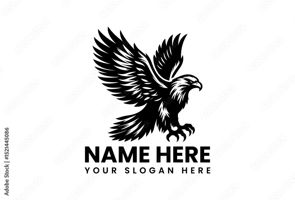 Obraz premium Powerful eagle stencil art vector logo with expansive wings and sharp feather details