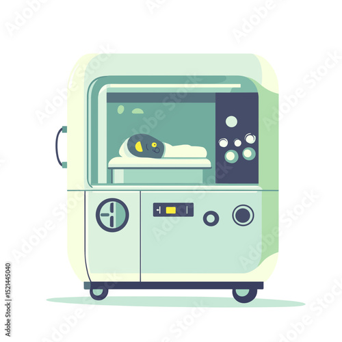 Stylized Pixel Art Depiction of a Newborn Infant in a Medical Incubator at a Hospital with Clean Lines and Simple Colors