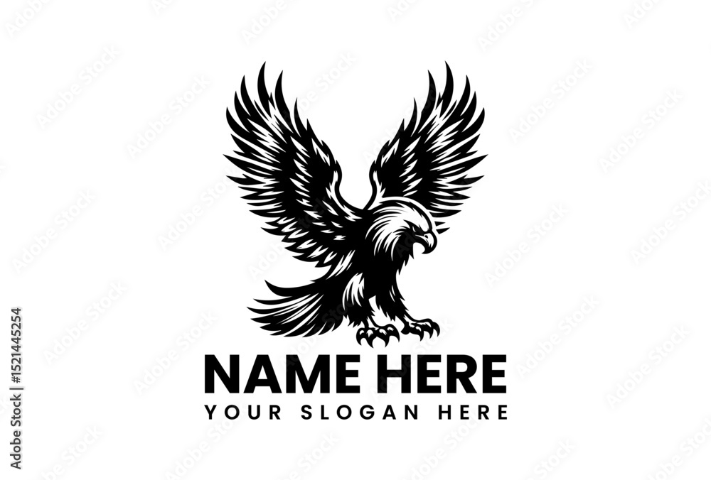 Obraz premium Powerful eagle stencil art vector logo with expansive wings and sharp feather details