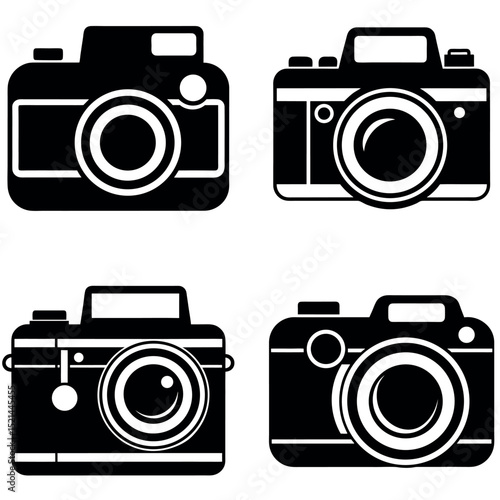 Four Black and White Camera Icons Depicting Different Styles and Eras of Photography