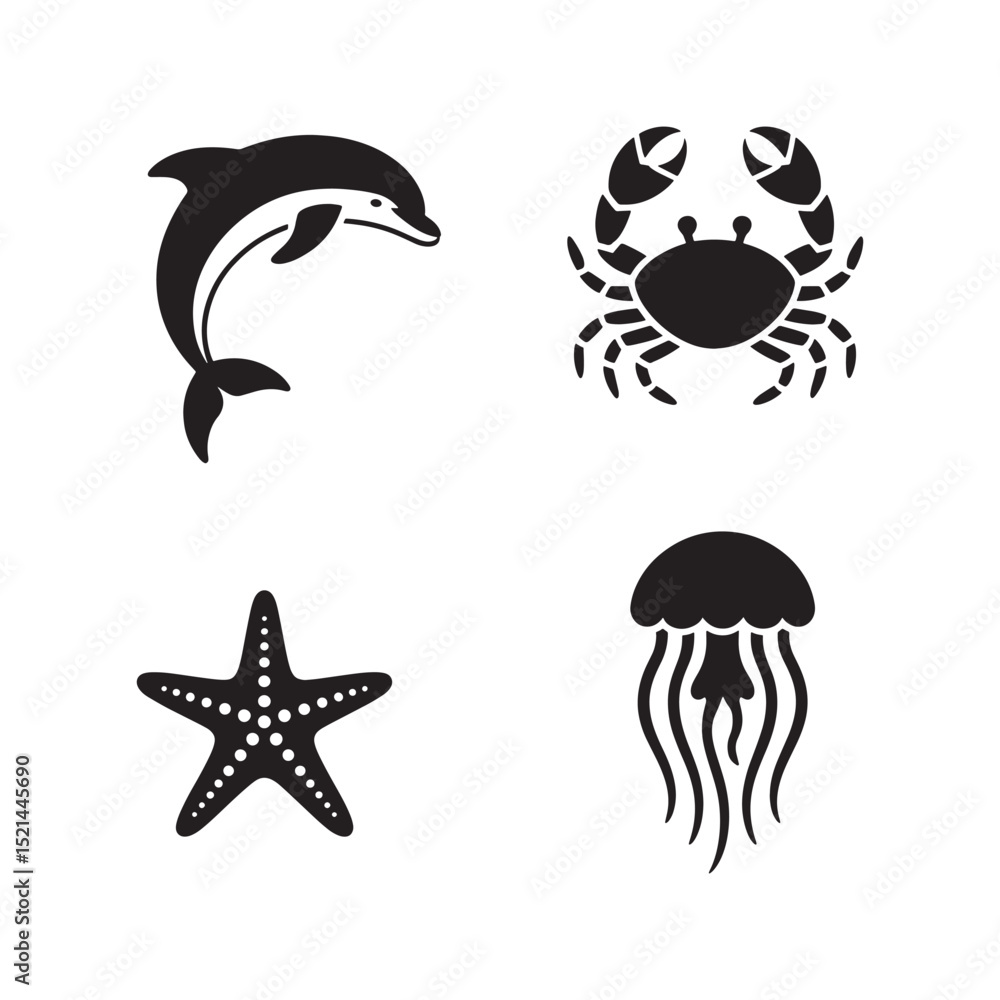 Fototapeta premium Black Silhouette of Marine Life Dolphin Crab Starfish Jellyfish