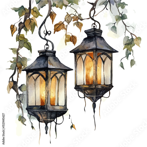 Ghostly Lanterns, watercolor drawing vector, high quality, isolated on a white background.