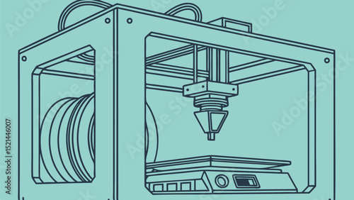 Illustration of a teal outline of a 3d printer with a spool of filament inside on a teal background