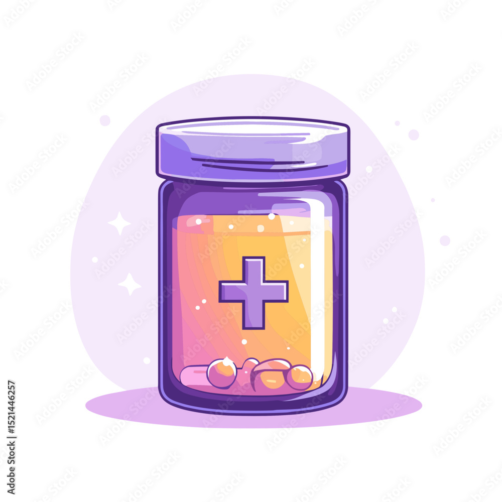 Obraz premium Vibrant Pixel Art Illustration of Medicine Bottle Filled with Pills on Light Purple Background Promoting Healthcare and Pharmaceutical Concepts