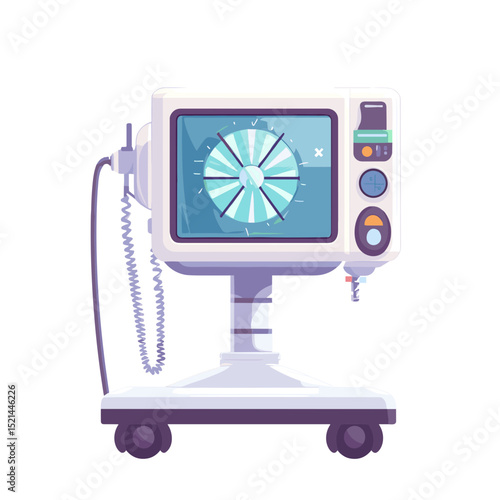 Vector Illustration of a Medical Ventilator with Monitor Display and Control Buttons on White Background