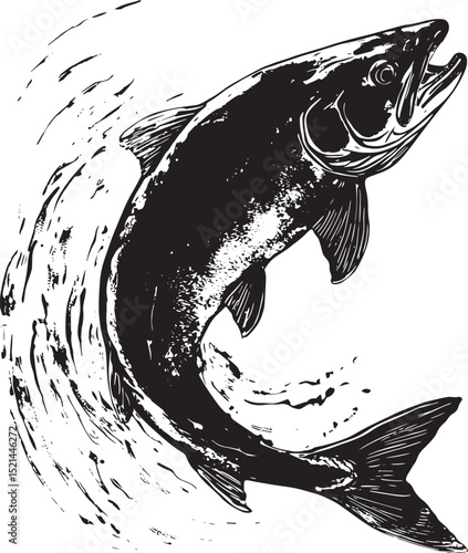 Trout Hovering Body suspended in the water with fins spread and tail slightly curled. full length silhouette black vector illustration