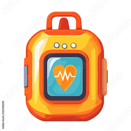 Vibrant Orange Medical Defibrillator with Heart Rate Monitor Displaying Heartbeat Rhythm for Emergency Healthcare in Vector Graphic Style