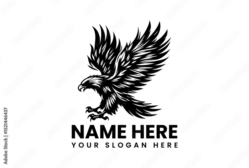 Obraz premium Bold stencil vector logo of powerful eagle with outstretched wings and detailed feather patterns