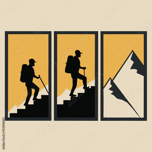 Hiker Climbing Steps Toward Mountain Peak in Three Panels